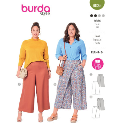Střih Burda 6035, návod k šití: široké kalhoty, zavinovací kalhoty