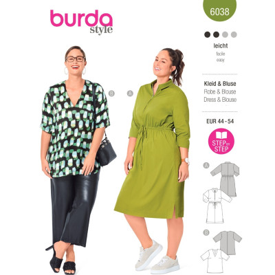 Střih Burda 6038, návod k šití: šaty se stahováním v pase, halenka