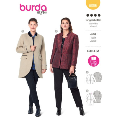 Střih Burda 6096, návod k šití: sako peplum pro plnoštíhlé dlouhé sako
