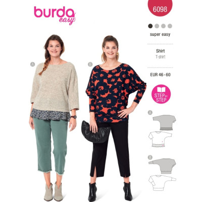 Střih Burda 6098, návod k šití: volné tričko se 3/4 rukávem pro plnoštíhlé