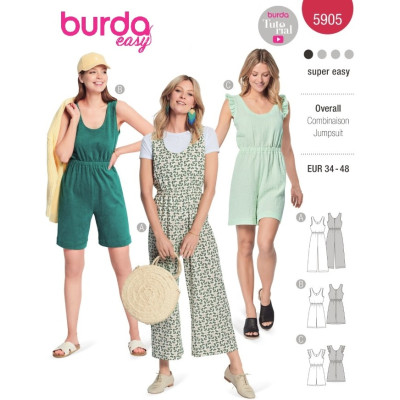 Střih Burda 5905, návod k šití: overal, kalhotové šaty