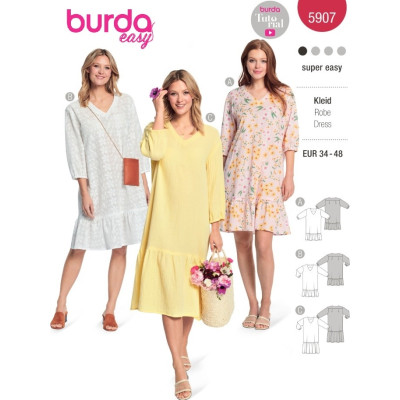 Střih Burda 5907, návod k šití: volné rovné šaty