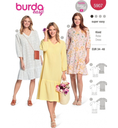 Střih Burda 5907, návod k šití: volné rovné šaty