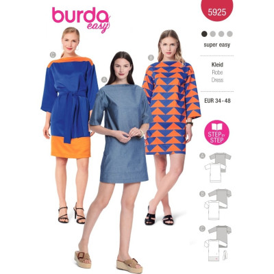 Střih Burda 5925, návod k šití: rovné šaty s lodičkovým výstřihem