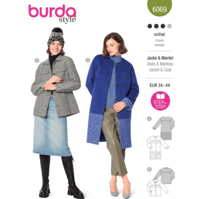 Střih Burda 6069, návod k šití: kabát bez límce s barevnými bloky, sako