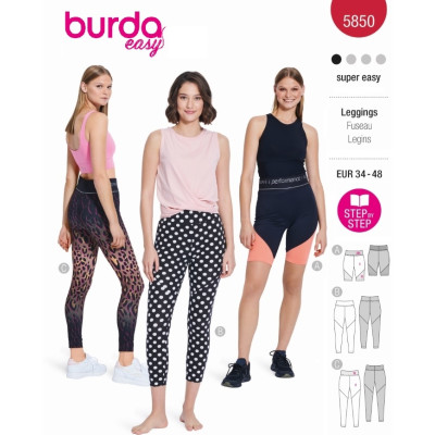 Střih Burda 5850, návod k šití: legíny, biker shorts