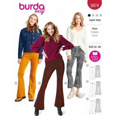 Střih Burda 5874, návod k šití: zvonové kalhoty s gumou v pase