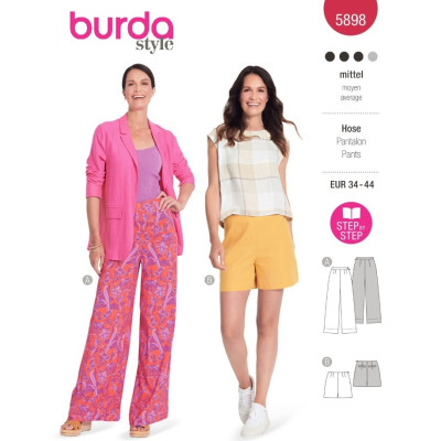 Střih Burda 5898, návod k šití: kalhoty se širokými nohavicemi, šortky