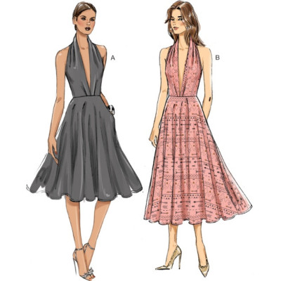 Střih Vogue 9343 šaty s hlubokým výstřihem