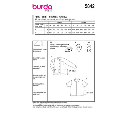 Střih Burda 5842, návod k šití: pánská košile, pánská svrchní košile, lněná košile