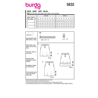 Střih Burda 5832, návod k šití: sukně se stahováním v pase, mini sukně, tepláková sukně