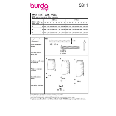 Střih Burda 5811, návod k šití: sukně s gumou v pase a stahováním na boku, mini sukně
