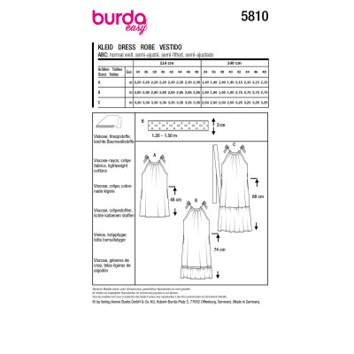 Střih Burda 5810, návod k šití: šaty se zavazovacími ramínky, maxi šaty, mušelínové šaty