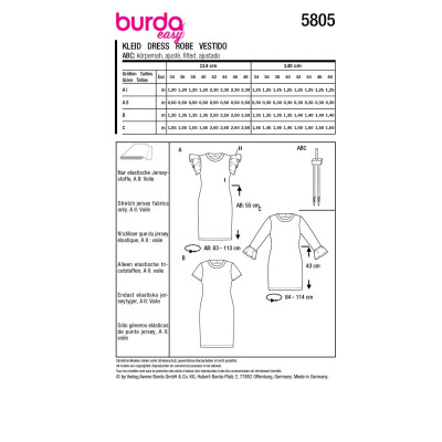 Střih Burda 5805, návod k šití: tričkové šaty s kulatým výstřihem, žerzejové šaty