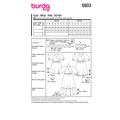 Střih Burda 5803, návod k šití: zavinovací šaty s gumou v pase, halenkové šaty
