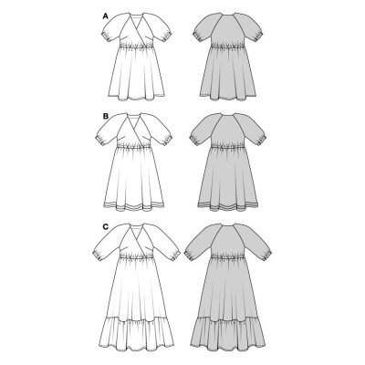 Střih Burda 5803, návod k šití: zavinovací šaty s gumou v pase, halenkové šaty