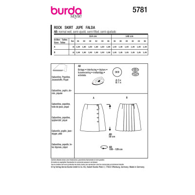Střih Burda 5781, návod k šití: sukně se sklady, klasická tenisová sukně, sukně s knoflíky