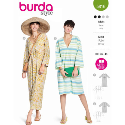 Střih Burda 5816, návod k šití: empírové šaty, volné šaty, maxi šaty