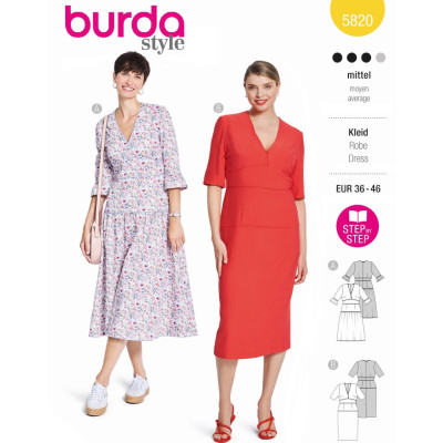 Střih Burda 5820, návod k šití: pouzdrové šaty, šaty s volánky, boho šaty