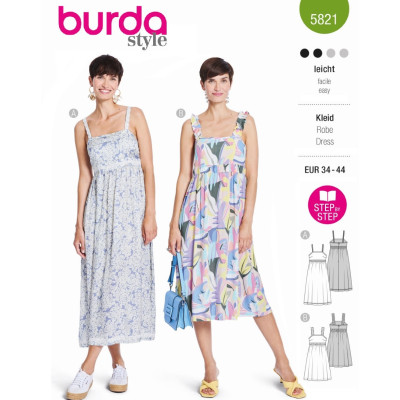 Střih Burda 5821, návod k šití: empírové šaty na ramínka, maxi šaty