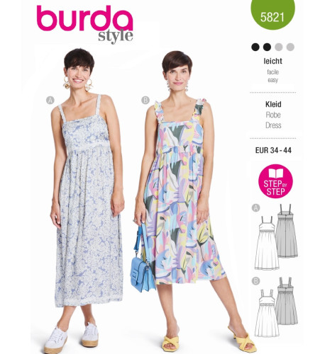 Střih Burda 5821, návod k šití: empírové šaty na ramínka, maxi šaty