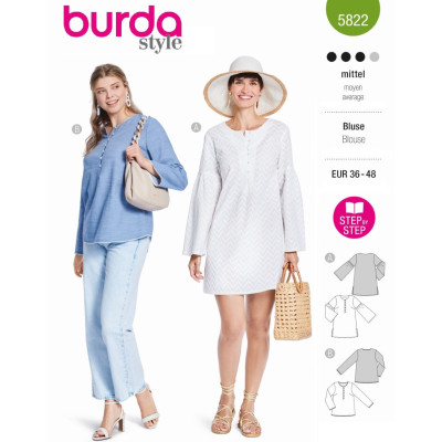 Střih Burda 5822, návod k šití: tunikové šaty s knoflíky, tunika