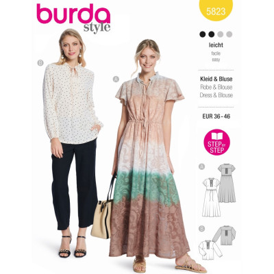 Střih Burda 5823, návod k šití: šaty se stahováním v pase, maxi šaty, halenka se stojáčkem