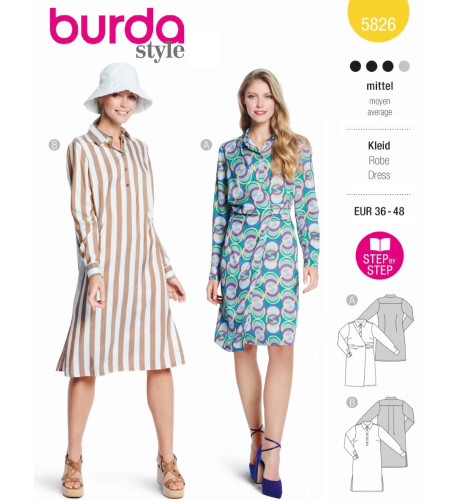 Střih Burda 5826, návod k šití: košilové šaty, zavinovací košilové šaty