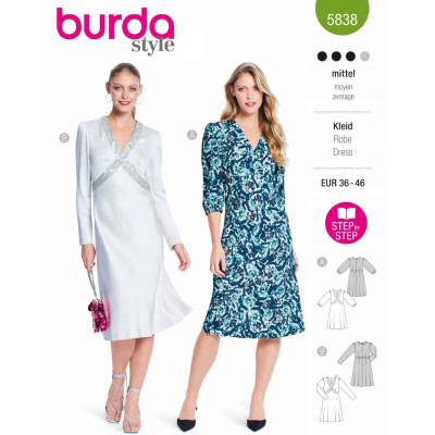 Střih Burda 5838, návod k šití: šaty s překřížením, koktejlové šaty