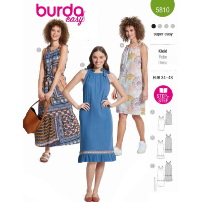 Střih Burda 5810, návod k šití: šaty se zavazovacími ramínky, maxi šaty, mušelínové šaty