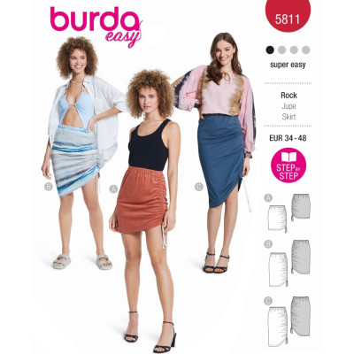Střih Burda 5811, návod k šití: sukně s gumou v pase a stahováním na boku, mini sukně