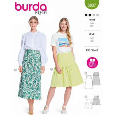 Střih Burda 5837, návod k šití: dlouhá sukně, sukně s volánem