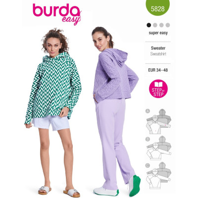 Střih Burda 5828, návod k šití: volná mikina s kapucí