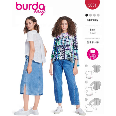 Střih Burda 5831, návod k šití: volné tričko, tričko s delším zadním dílem