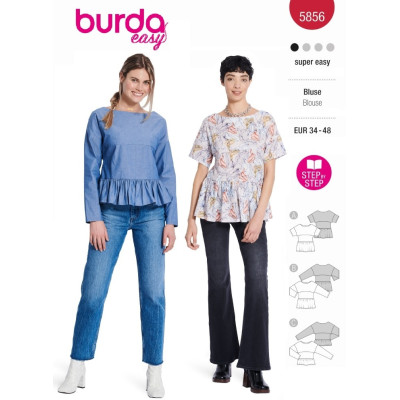 Střih Burda 5856, návod k šití: halenka s volánovým lemem