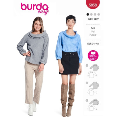 Střih Burda 5858, návod k šití: svetr se širokým rolákovým límcem, rolák