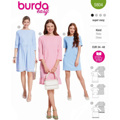 Střih Burda 5804, návod k šití: rovné šaty s lodičkovým výstřihem, retro šaty 60. léta