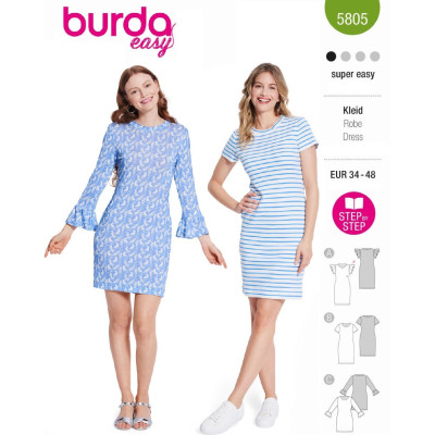 Střih Burda 5805, návod k šití: tričkové šaty s kulatým výstřihem, žerzejové šaty