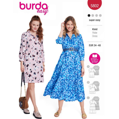 Střih Burda 5802, návod k šití: košilové šaty, nabírané šaty