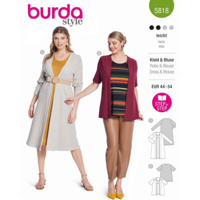 Střih Burda 5818, návod k šití: tričkové šaty, tričko, kardigan, kabátek, twin-set