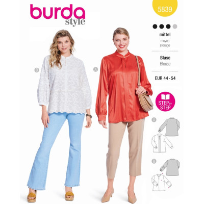 Střih Burda 5839, návod k šití: halenka se stojáčkem