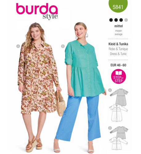 Střih Burda 5841, návod k šití: košilové šaty, tunika
