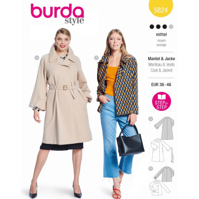 Střih Burda 5824, návod k šití: áčkový kabát, dvouřadý kabát
