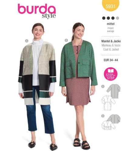 Střih Burda 5931, návod k šití: rovný kabát, sako, oversized