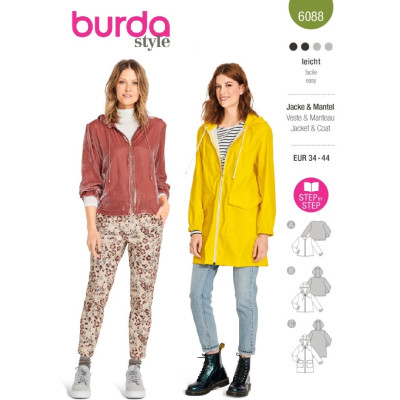 Střih Burda 6088, návod k šití: mikina na zip s kapucí, sako na zip, dlouhá bunda s kapucí, pláštěnka