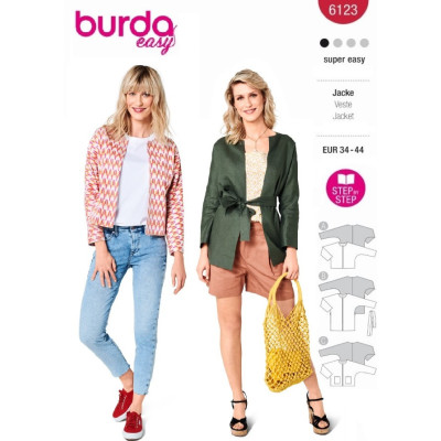 Střih Burda číslo 6123 otevřené sako bez límce, delší sako