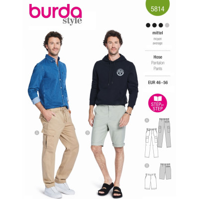 Střih Burda 5814, návod k šití: pánské kalhoty s gumou v pase, bermudy