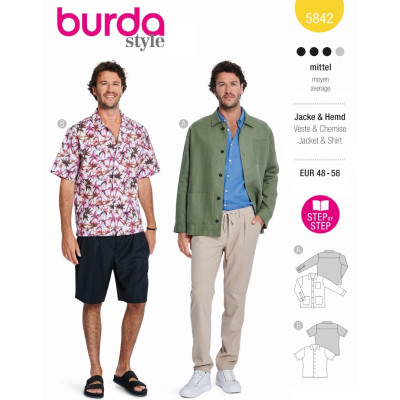 Střih Burda 5842, návod k šití: pánská košile, pánská svrchní košile, lněná košile