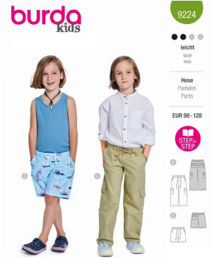 Střih Burda 9224, návod k šití: kalhoty s gumou v pase pro chlapce, kapsáče, šortky, plavky