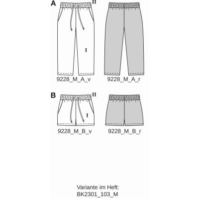 Střih Burda 9228, návod k šití: kalhoty s gumou v pase pro dívky a chlapce, tepláčky, šortky